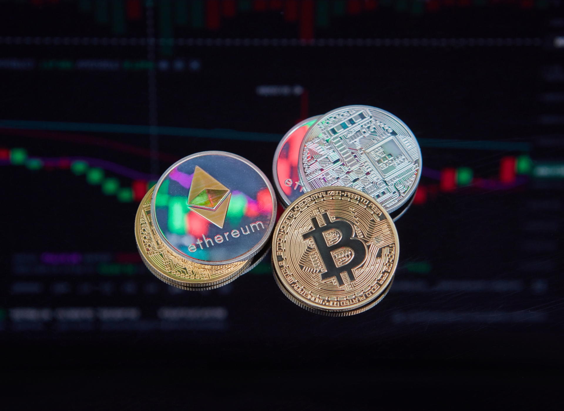 Crypto Currencies (1) A picture of Crypto Currency coins stacked