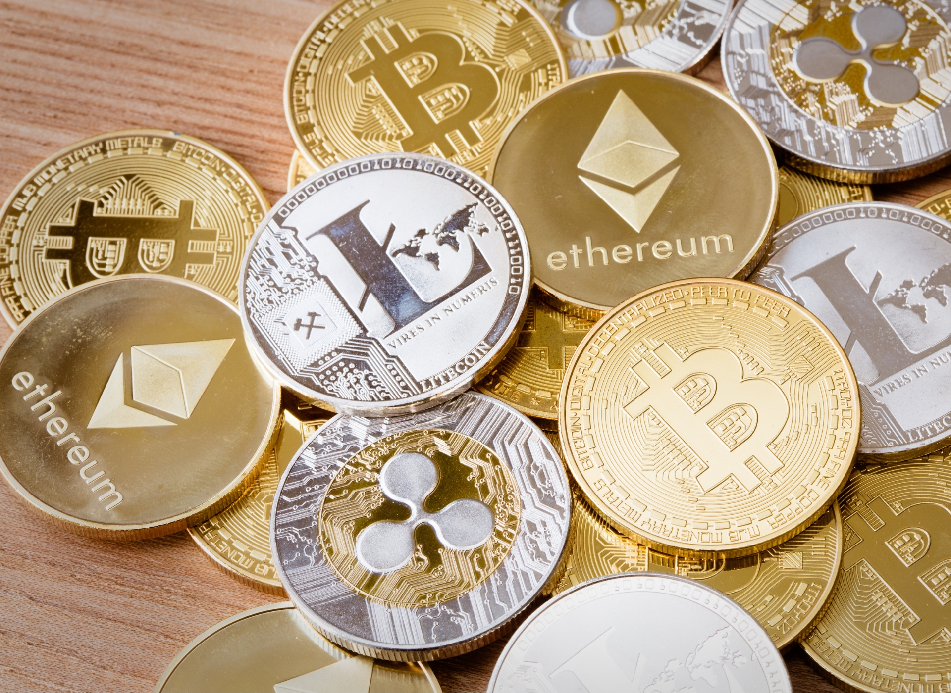 Crypto Currencies Various crypto currencies represented as coins.