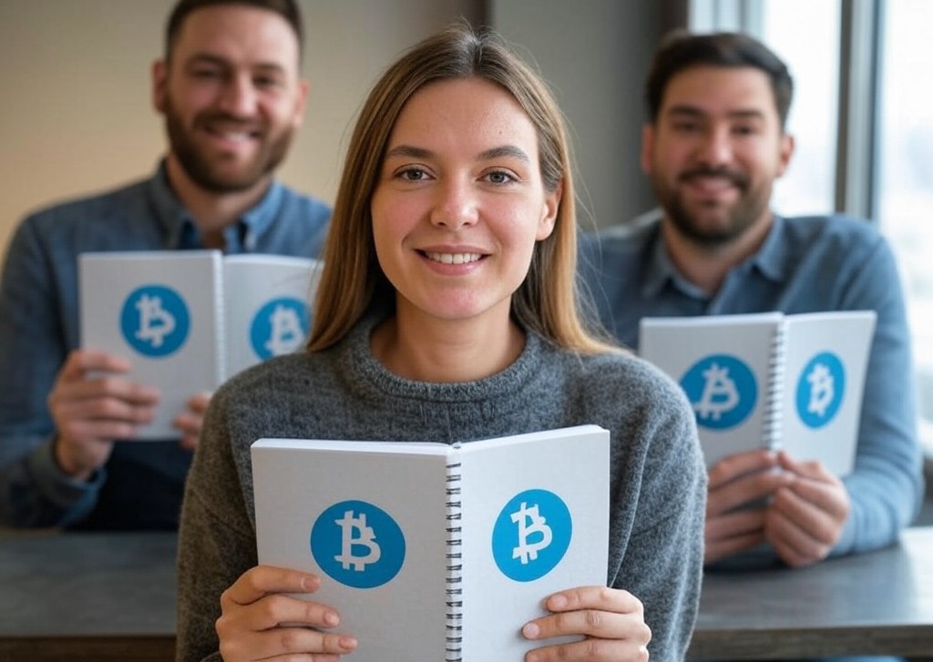 Image of three people holding notebooks representing distributed ledgers for the Bitcoin Cryptocurrency.